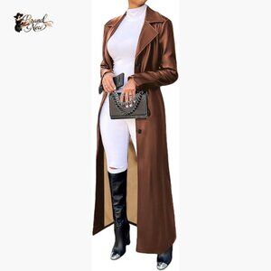 Faux Leather Trench Coat Long Sleeve Single Breasted Motorcycle Jacket